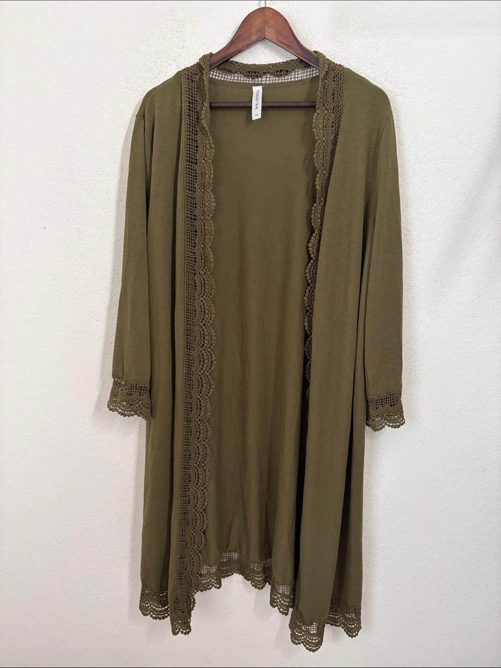 Tickled Teal Olive Green Lace Trim Long Duster Cardigan Womens Size 1X Boho - Picture 2 of 7